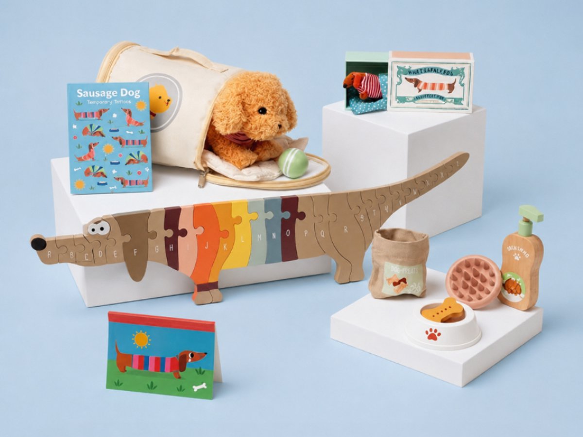 Honden cadeaupakket voor kinderen: Hondenverzorgingsset WOET + Smallfoot puzzel + REX London Mini Teckel in doosje, tijdelijke tattoos en schriftje