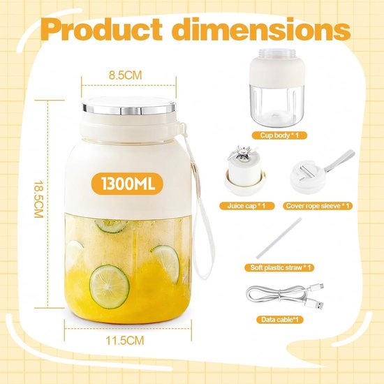 Mini Blender - Portable Mixer - Verse Drankjes Maken - 38-Blads Systeem - 1300ml Capaciteit - Wit van MINI — afbeelding 5