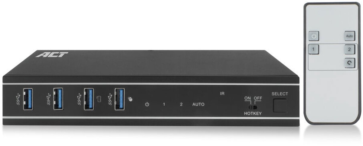 ACT AC7912 2-Poorts HDMI 4K@60Hz KVM Switch | USB 3.2 Gen1 (USB 3.0) | 1x HDMI out | 2x HDMI in | 2x USB-B in | 4x USB-A | 3,5mm Audio Out | RS-232 | IR | Schroefbare Stroomaansluiting | Zwart