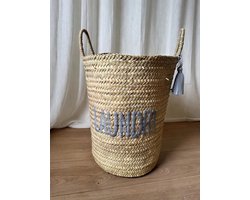 Wasmand - Grijs - Was – Mand - Badkamer - Opbergmand - Palmblad - Laundry - Laundrybasket- Rieten mand - Speelgoed - Opbergen - Pompon - Wol – Geschenk - Kinderkamer - Handgemaakt - Decoratie - Geboorte - Cadeau