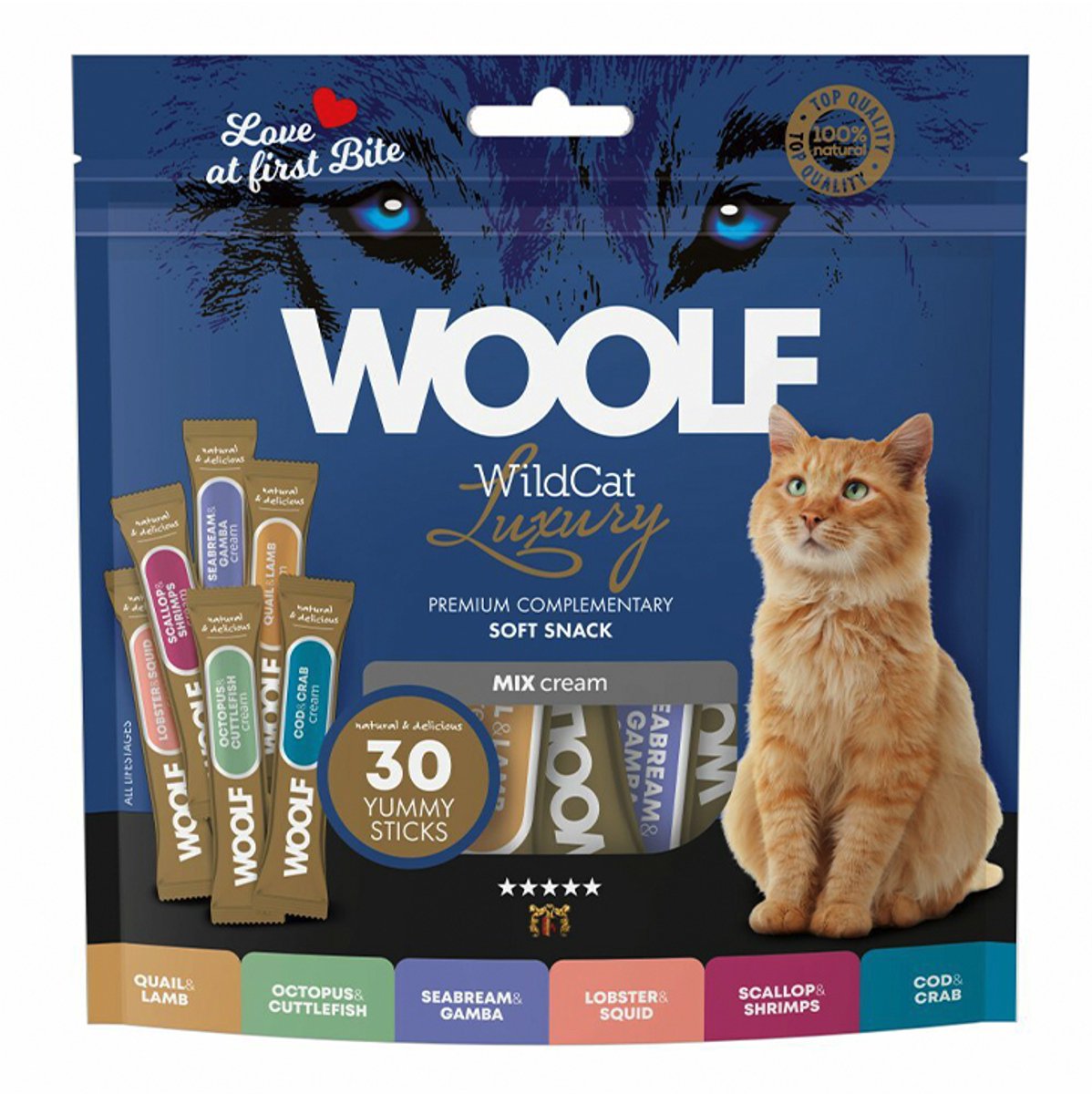 Woolf - WildCat-Premium complemetaire soft snack voor katten - 30 st - 6 smaken - 100% natuurlijk - geen bewaarmiddelen, geen kleurstoffen geen conserveermiddelen