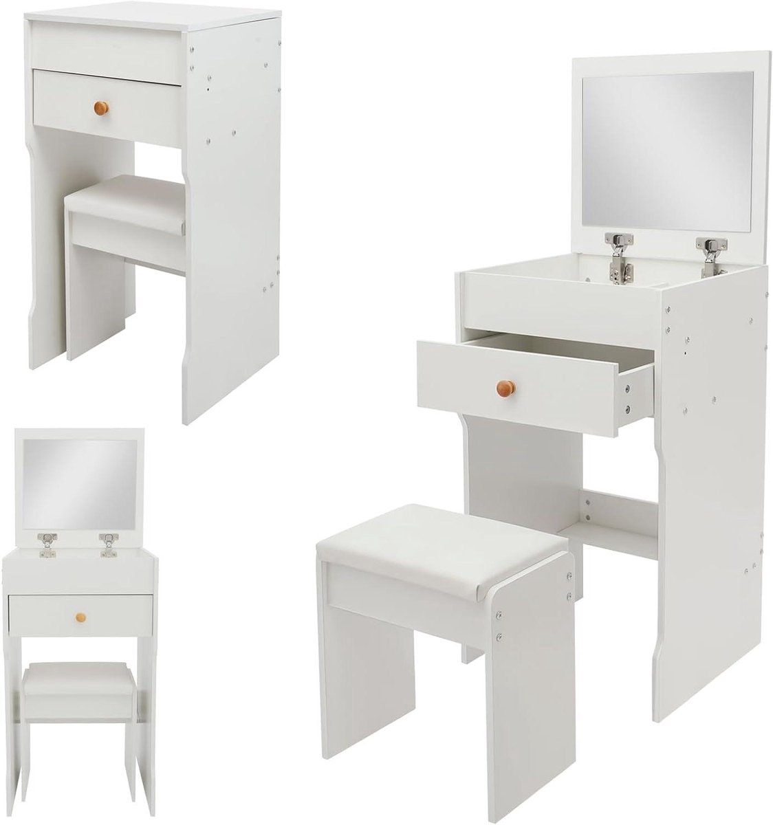Kaptafel met Spiegel - Make-uptafel Nachtkastje - Slaapkamer Organiseren - Opklapbare Spiegel - 40x37.5x72cm - Wit