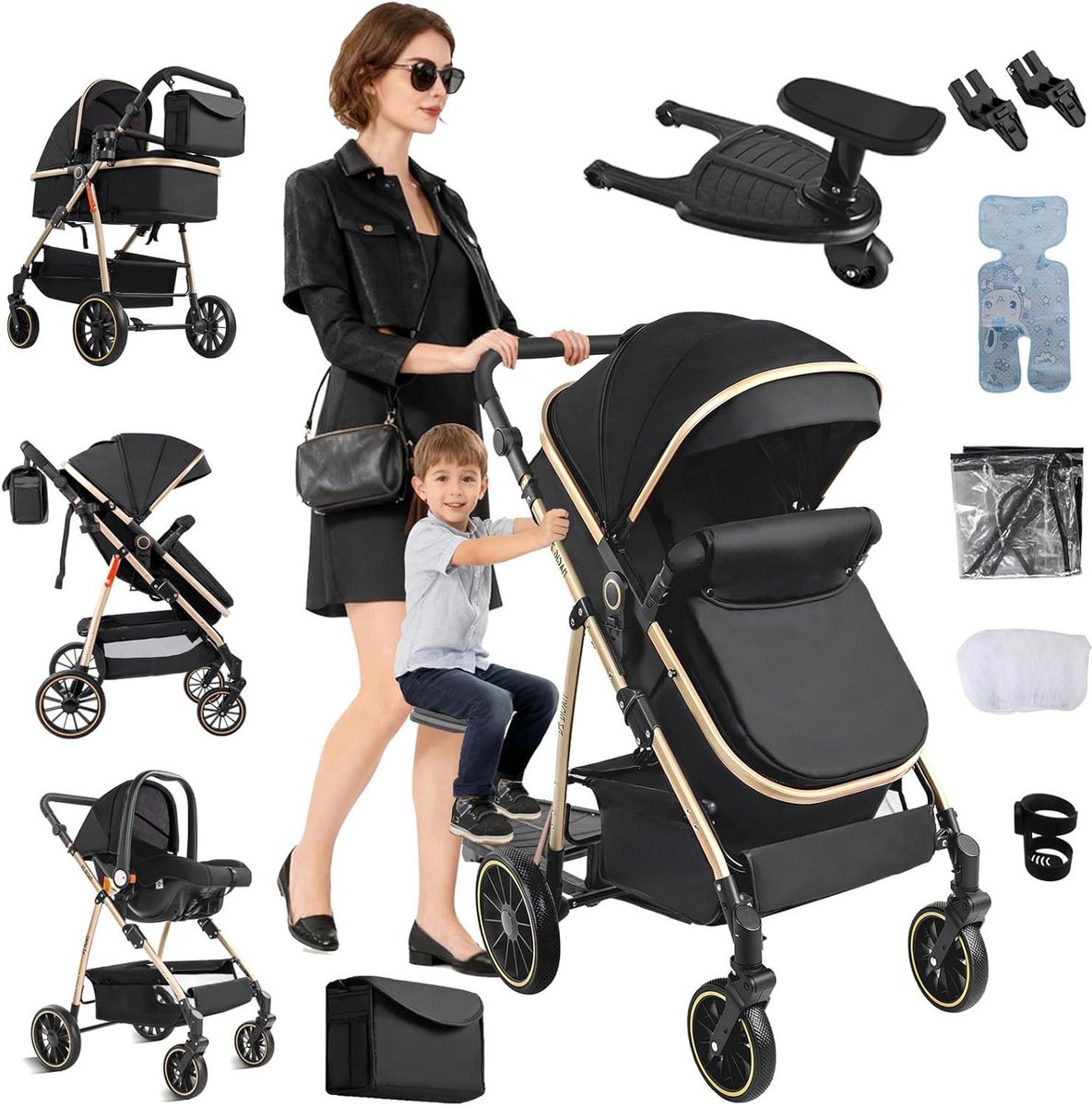 Kinderwagen Trio - Babyvervoer - Comfortabel Reizen - Omkeerbare Duwstand - 82 x 61 x 105 cm - Zwart Goud