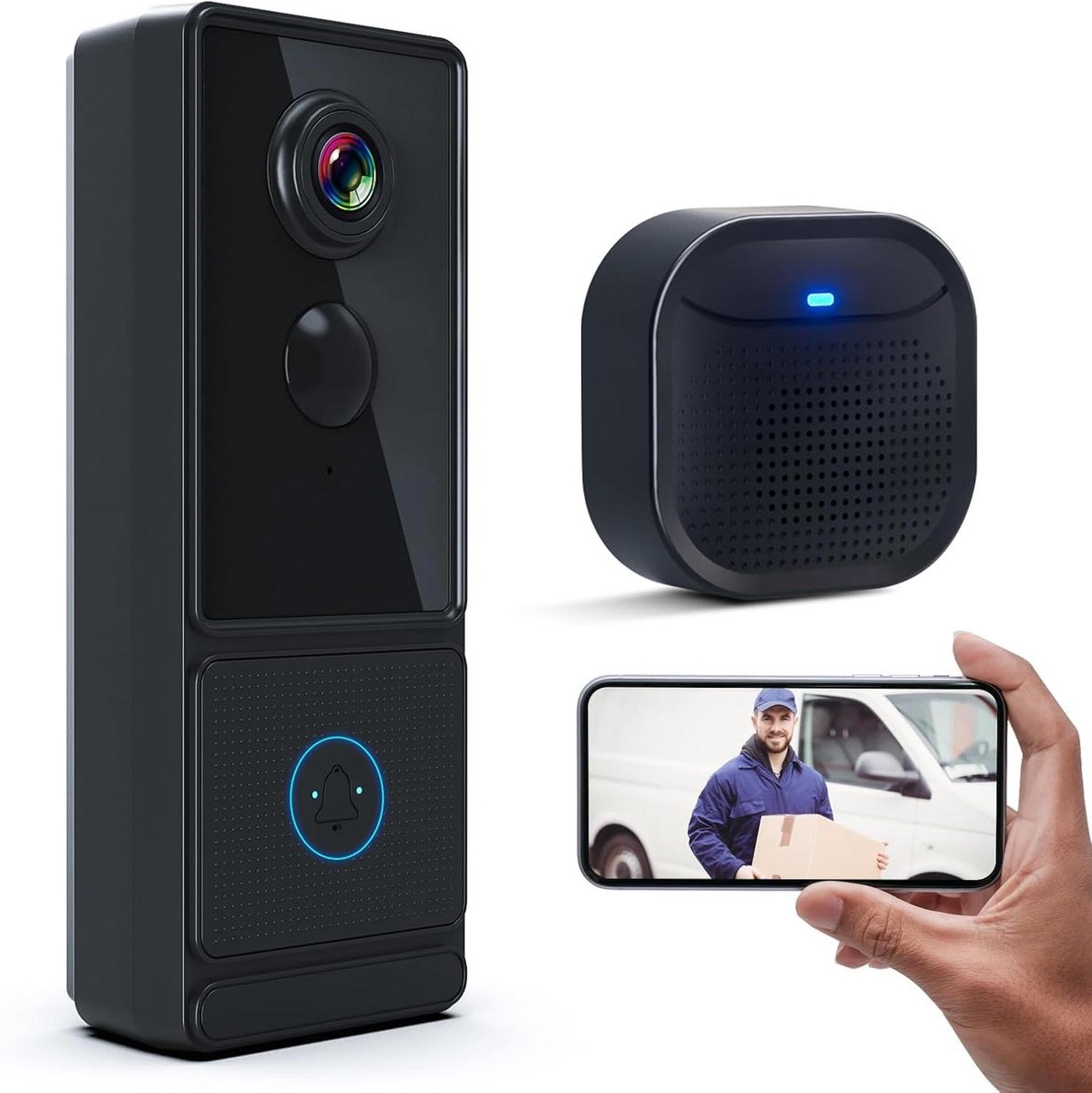 Draadloze Deurbel Camera - Slimme Camera Kit - Beveiliging Huis - 2K HD Nachtzicht - IP54 Waterdicht - Zwart