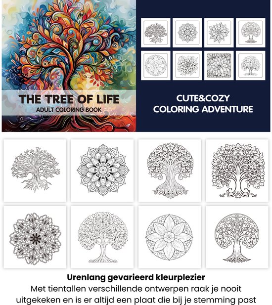'The Tree of Life' kleurboek met een grote, kleurrijke levensboom op de voorkant, naast afbeeldingen van 8 diverse kleurplaten.