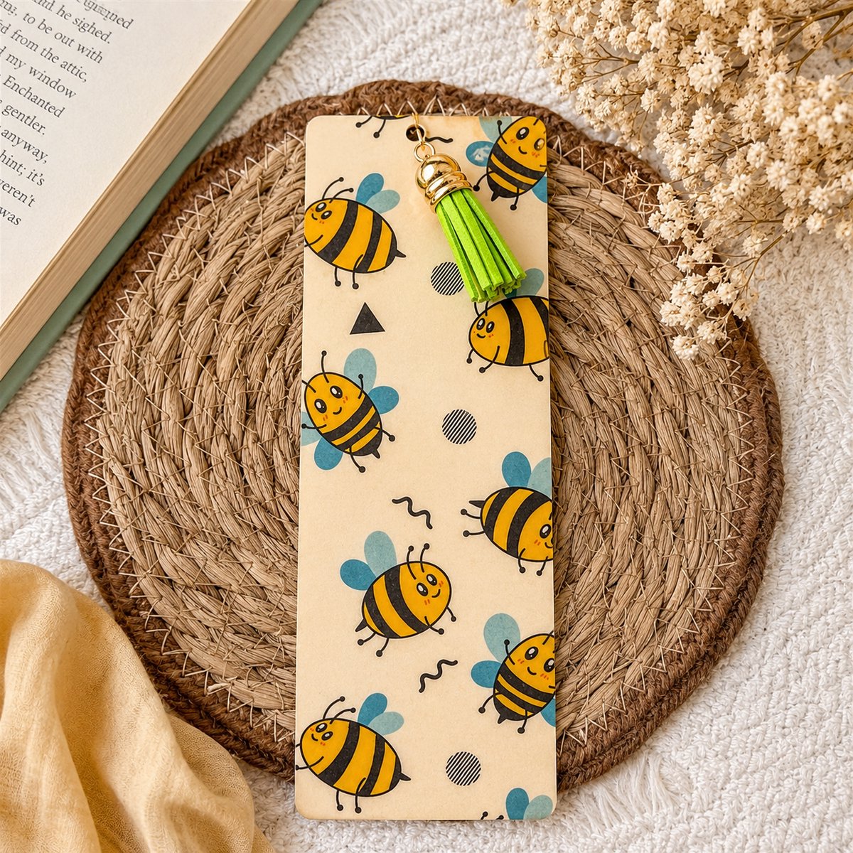 Nook & Note - Bijen Boekenlegger met Kwastje - Gelamineerd - Willekeurige Kleur Kwastje - 5 x 15 cm