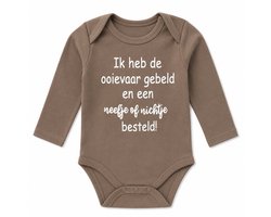 romper baby tekst zwangerschaps aankondiging ik word grote neef of nicht ik heb de ooievaar gebeld en een nichtje of neefje besteld beige lange mouw jongen of meisje maat 62-68
