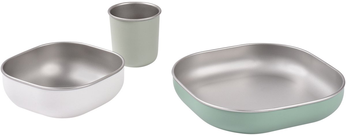 Béaba Eetset - Maaltijdset - Bord, Kom & Drinkbeker - RVS - Zelfstandig Leren Eten - Kan in Magnetron, Vaatwasser & Oven - Onbreekbaar - Sage Green