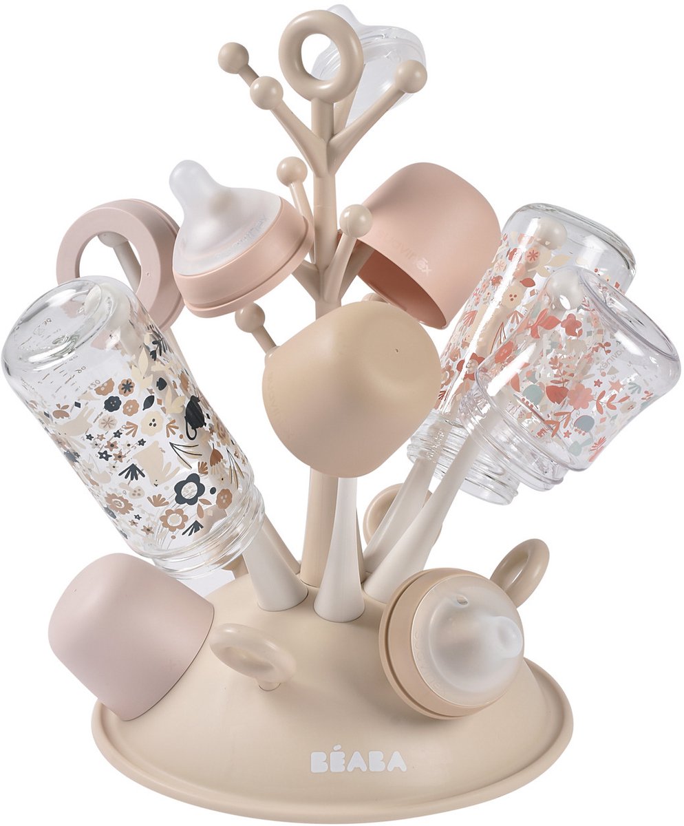 Béaba Flessendroogrek Boom – Hygiënisch Afdruiprek voor Zuigflessen met Wateropvangsysteem – Flessenrek Voor 6 Baby Flessen & Accessoires – Clay/Ecru
