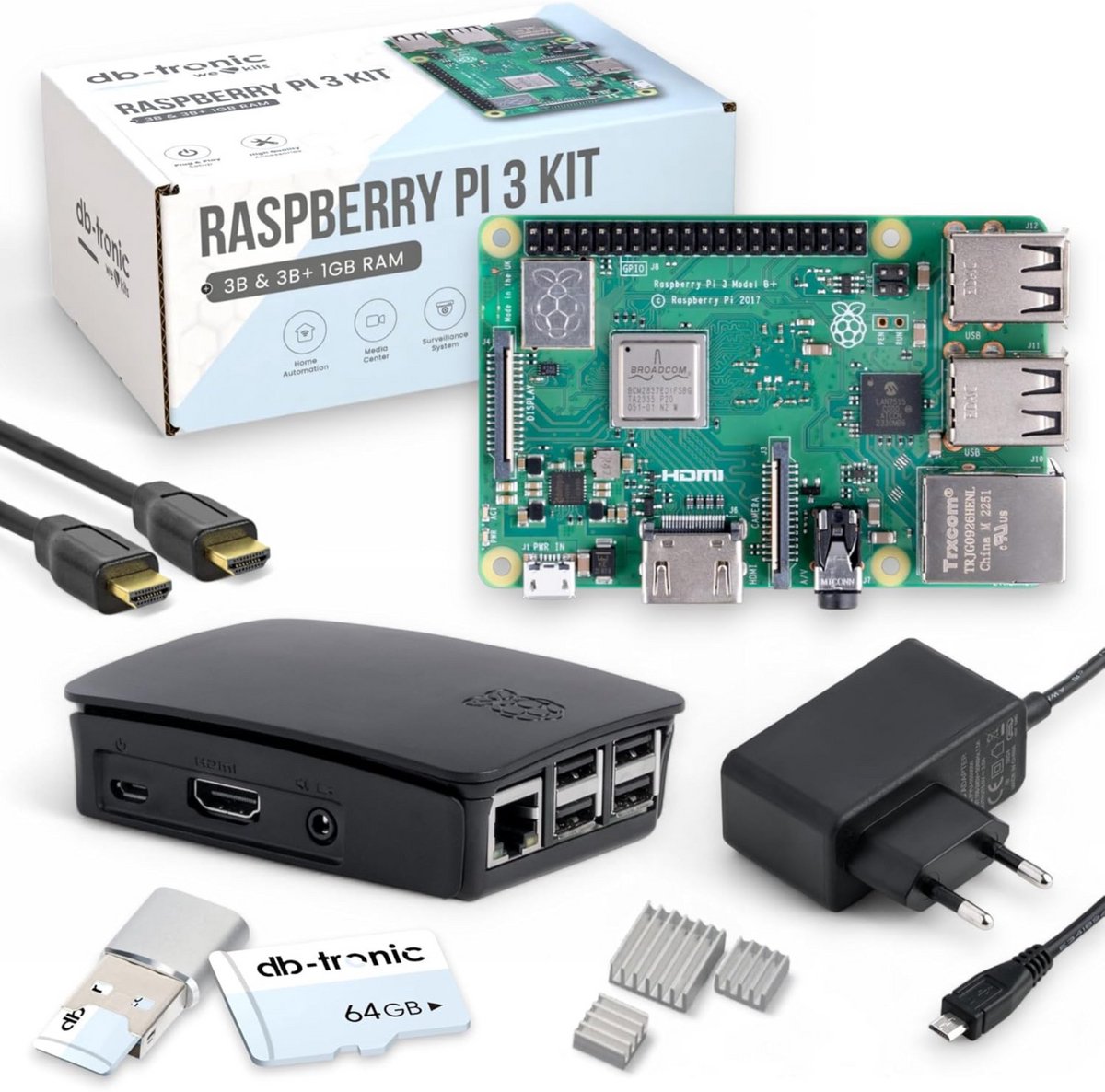 Raspberry Pi 3 B starterset | Voeding | Behuizing | 64 GB-editie | HDMI-kabel 1 m | USB-kaartlezer | Koellichaam | Raspberry Pi 3 B 1 GB RAM