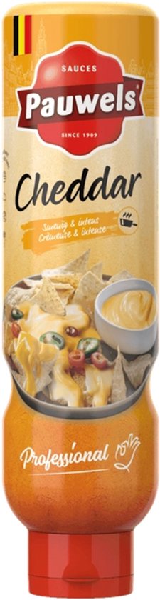 Sauce Cheddar Pauwels dans un tube jaune avec bouchon rouge. Image de nachos au cheddar.