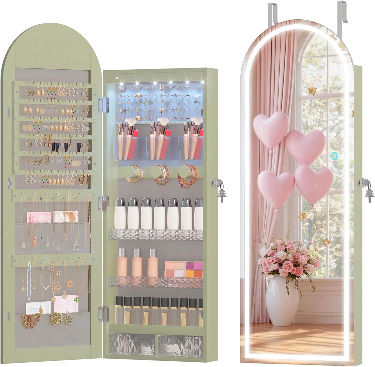 Juwelenkast met spiegel - Sieraden opberger - Cosmetica organiseren - Afsluitbaar met slot - 108 x 40 cm - Groen