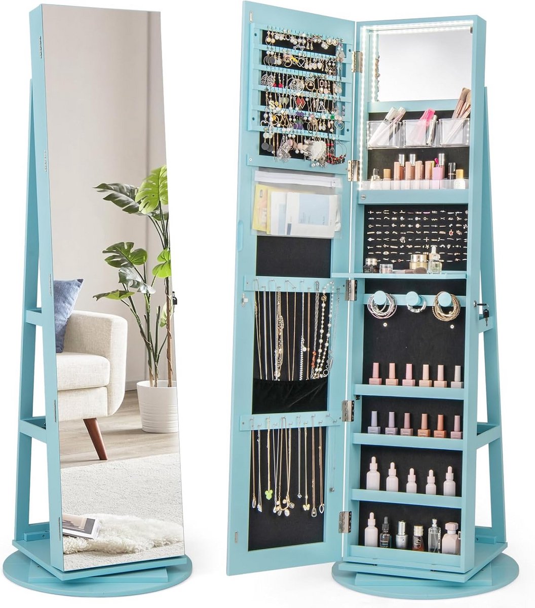 Juwelenkast met spiegel - Opberger met verlichting - Sieraden organiseren - 360 graden draaibaar - 161 cm hoog - Roze