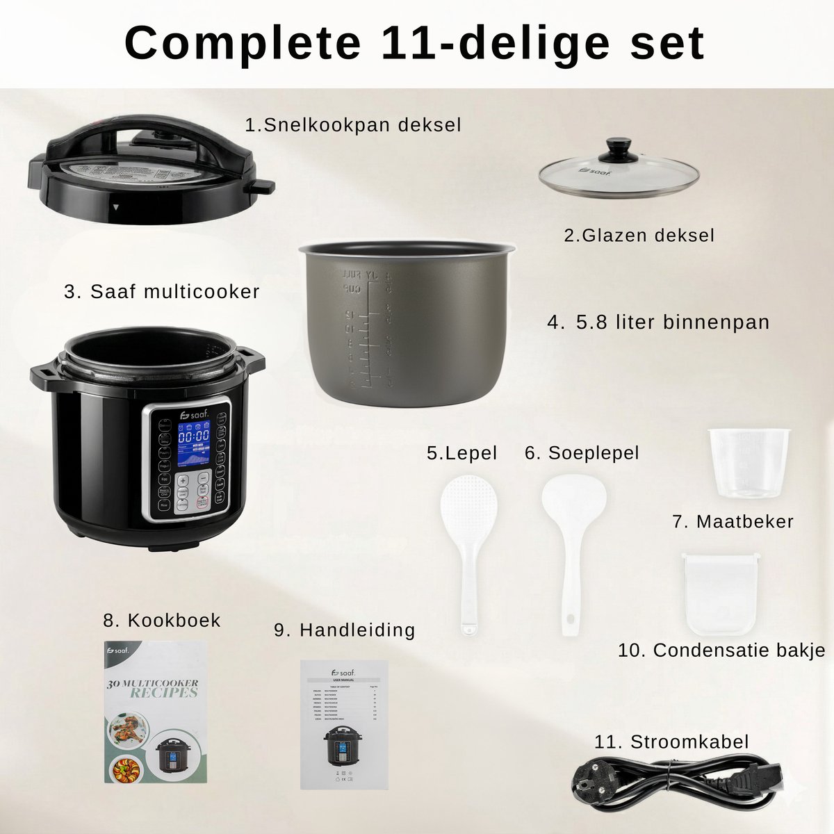Multicooker - 5.8L - PFAS vrij - Slowcooker met timer - Pressure Cooker - Rijstkoker met stomer - van Saaf – foto 7