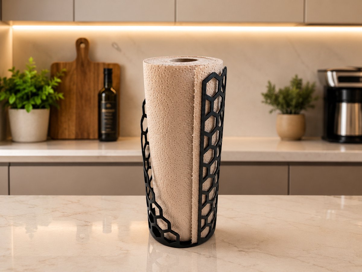 Skushy Keukenrolhouder PureHex - Staande Papierrolhouder - Moderne Keukenrol Stand - Ribbel Design Keuken Decoratie - Zwart