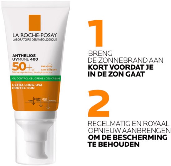 La Roche-Posay Anthelios UVMune 400 tube met SPF50+. Tekst: Breng de zonnebrand aan kort voordat je in de zon gaat. Regelmatig en royaal aanbrengen.