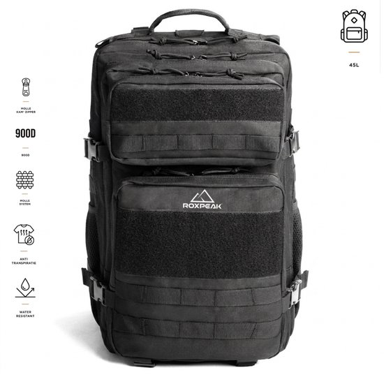 RoxPeak® TitanPack S1 - Outdoor Rugzak - 45L - Tactical Backpack – 17 Inch Laptopvak – 900D Polyester – MOLLE Systeem – Waterafstotend – Hiking, Camping & Reisrugzak – Zwart
