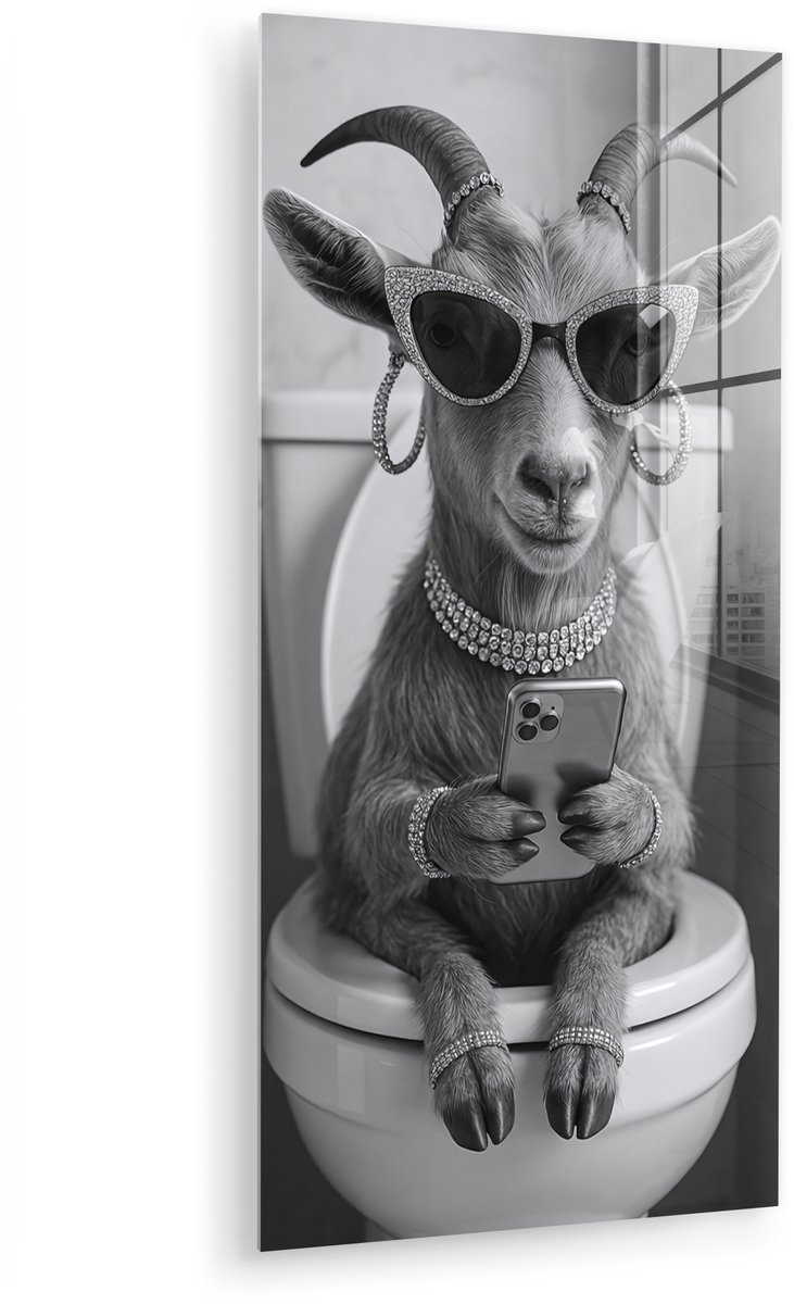 MuchoWow® Glasschilderij 20x40 cm - Schilderij acrylglas - Geit - Telefoon - Toilet - Zwar