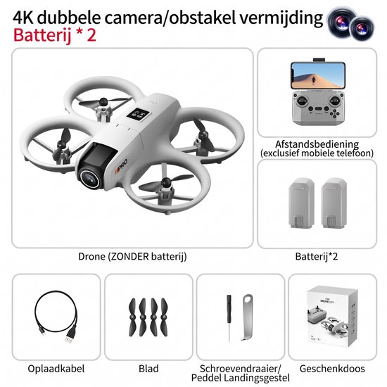 Inhoud van de I1 PRO drone verpakking: drone, afstandsbediening, 2 batterijen, oplader en reservebladen.