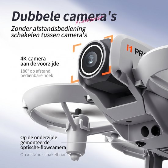 Detail van de witte I1 PRO drone met 4K camera en 180° kijkhoek.