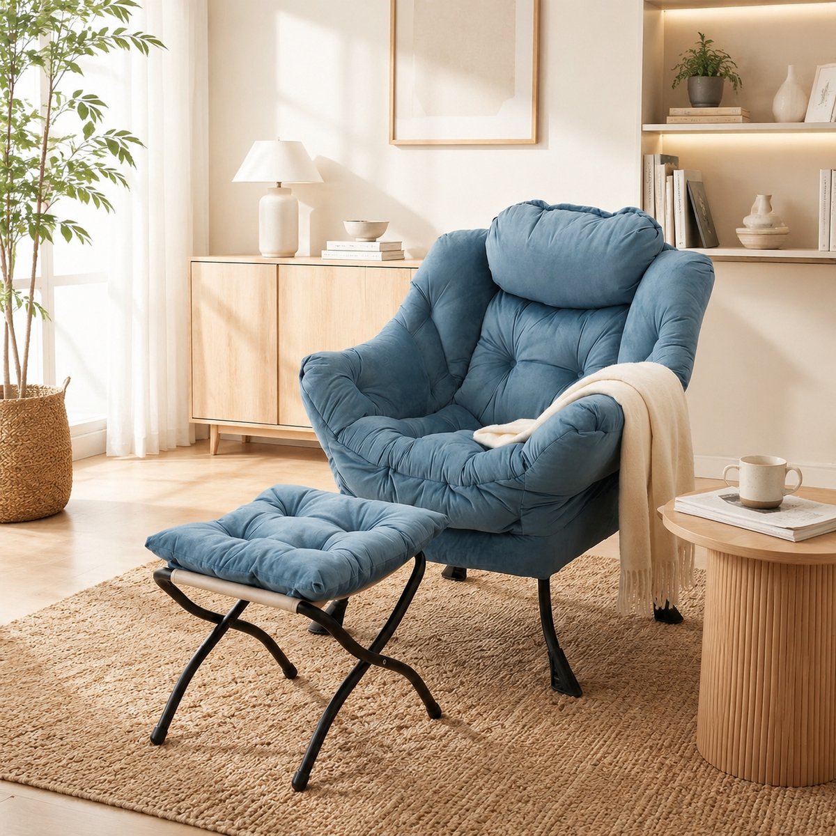 Ligstoel - Fauteuil & Poef Set - Ontspanningsstoel - Relaxstoel - Loungestoel - Comfortabele TV-stoel - Blauw