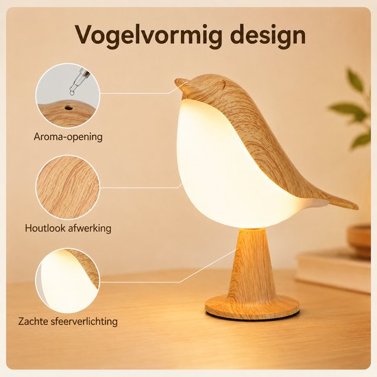 Rosnek 2 Stuks Draagbaar Vogel Nachtlampje Kinderkamer - Oplaadbare LED Tafellamp met Aanraaksensor - 3 Lichtstanden - Snoerloos - Kleur: Houtnerf — afbeelding 4