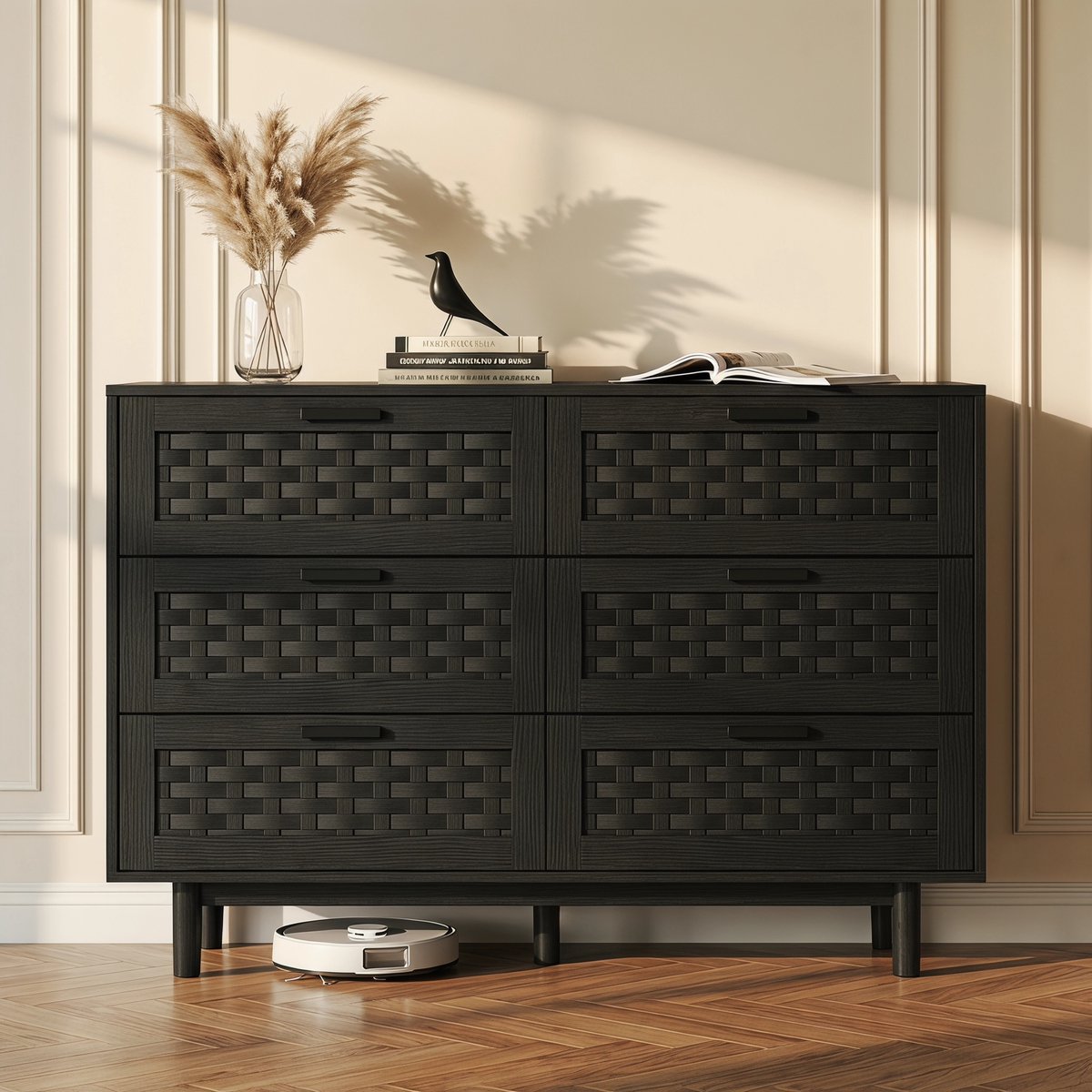 Commode Voor Slaapkamer, 6-Laden Rotan Commode, Massief Houten Commode, Geschikt Voor Het Gemakkelijk Organiseren Cosmetica, Sieraden Andere Spullen, Zodat uw Kantoor Netjes Blijft (Zwart)
