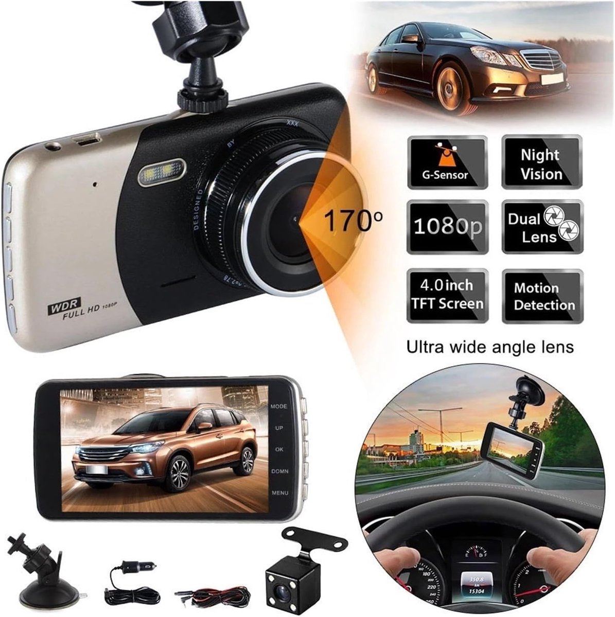 Dashcam Auto - DVR Camcorder - Veilig Rijden - Dubbele Lens - 1080P HD - Zwart – foto 2