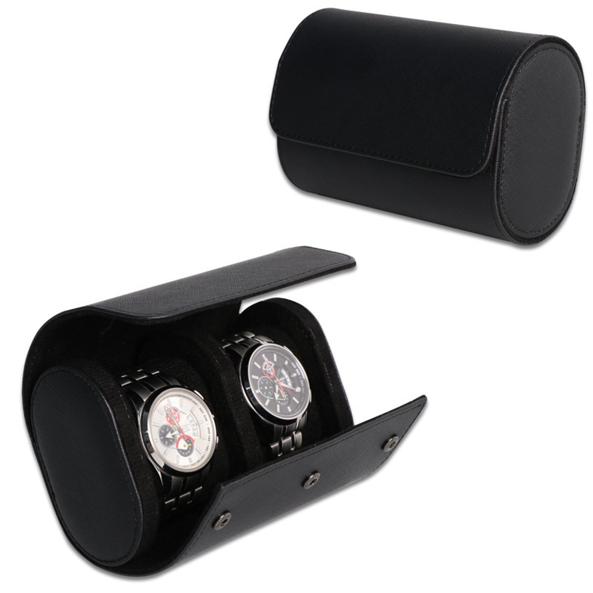 carmdering - Horlogerol - PU Lederen Horloge opbergbox - Reisetui voor Horloges - Zwart, 2 horlogekussens, zacht fluweel - Geschikt voor horloges tot 50 mm - Platte bodem, draagbaar - Cadeau voor mannen en vaders - Voor reizen en thuis