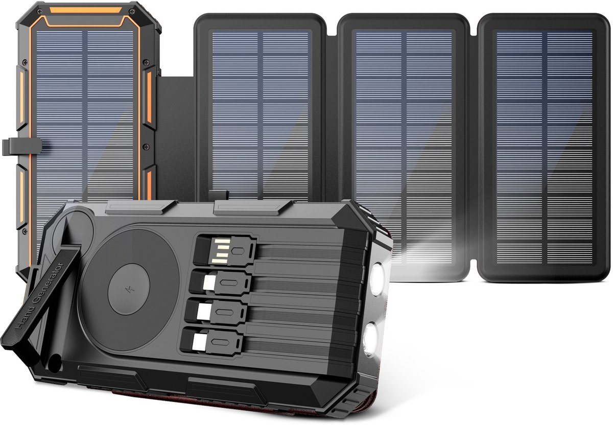 Siltcon® Powerbank Zonneenergie 20000 mAh - Solar Powerbank & Opwindbaar - Voor in Noodpakket - Kompas - Draadloze Powerbank 15W - 22.5W Snellader - LED Display - Zaklamp - USB-A 18W - USB-C 22.5W - 4x Ingebouwde kabels - 4 Panelen 10W - Universeel