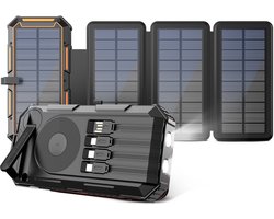 Siltcon® Powerbank Zonneenergie 20000 mAh – Solar Powerbank & Opwindbaar – Voor in Noodpakket – Kompas – Draadloze Powerbank 15W Qi- 22.5W Snellader – LED Display – Zaklamp – USB-A 18W – USB-C 22.5W – 4x Ingebouwde kabels – 4 Panelen 10W – Universeel