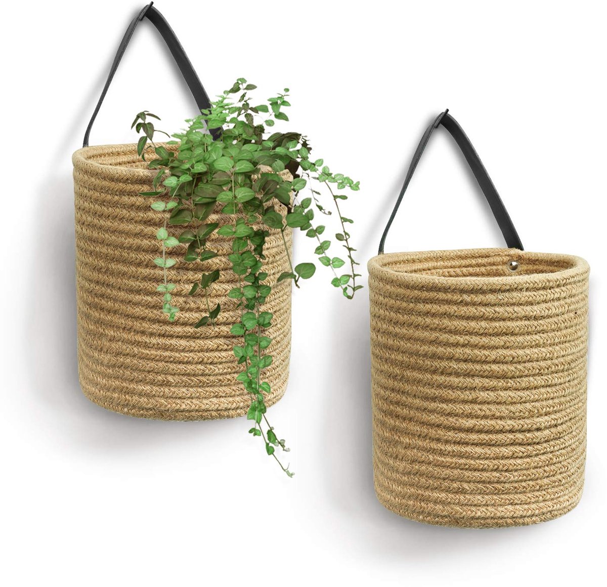 carmdering - Opbergmand - Hangende Mand - Wandmand - Bruin, set van 2, jute, leren handvat - 20×17,8 cm - Voor keuken, badkamer, woonkamer - Voor speelgoed, cosmetica, paraplu's, sleutels - Wand- of deurmontage