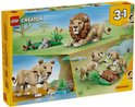 LEGO Creator 3-in-1 verpakking toont leeuw, leeuwin bij water, en leeuwinnen met welpen.