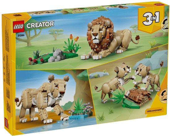 LEGO Creator 3-in-1 verpakking toont leeuw, leeuwin bij water, en leeuwinnen met welpen.