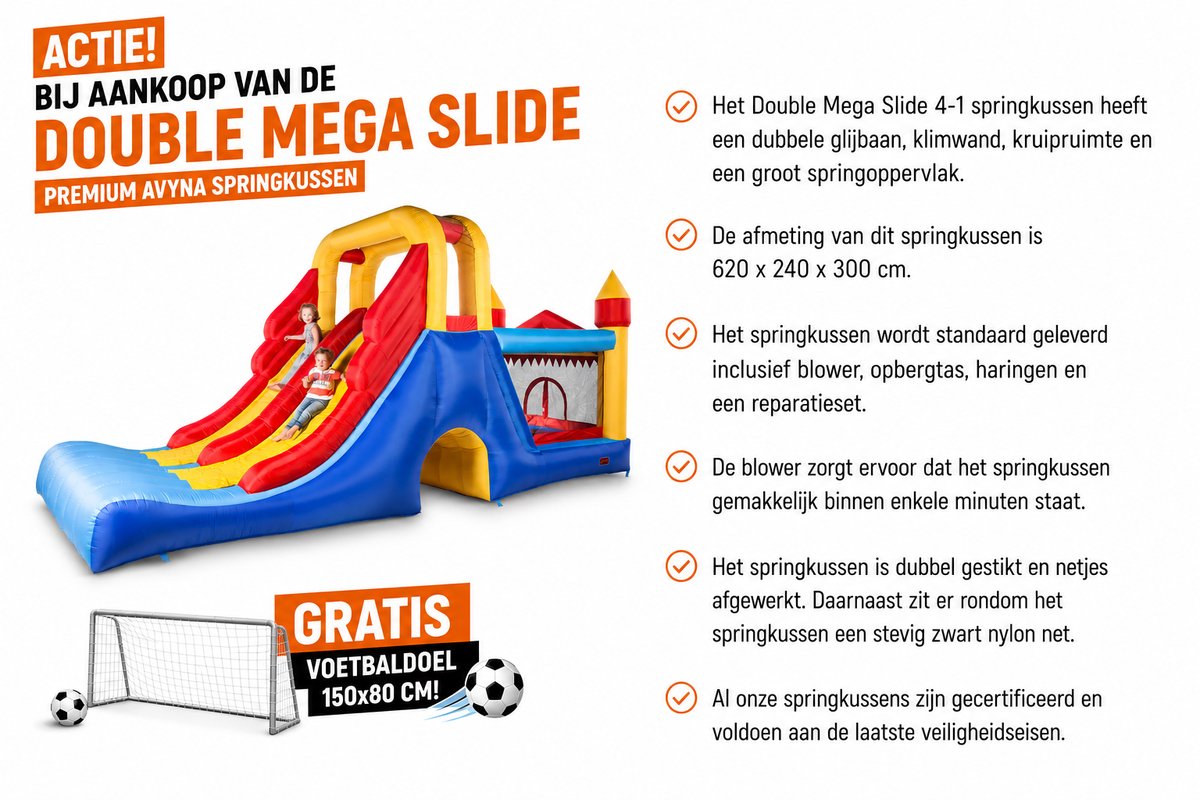 Avyna Double Mega Slide 4-in-1 Springkussen 620x240x300 cm + GRATIS Voetbaldoel 150x80 cm – Inclusief Blower, Opbergtas & Haringen