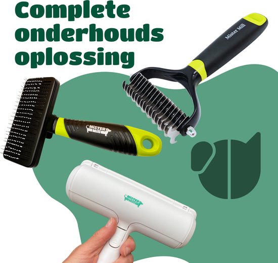 Drie producten van Mister Mill: pluizenroller, slickerborstel en tweekoppige kam. Tekst: "Complete onderhouds oplossing".