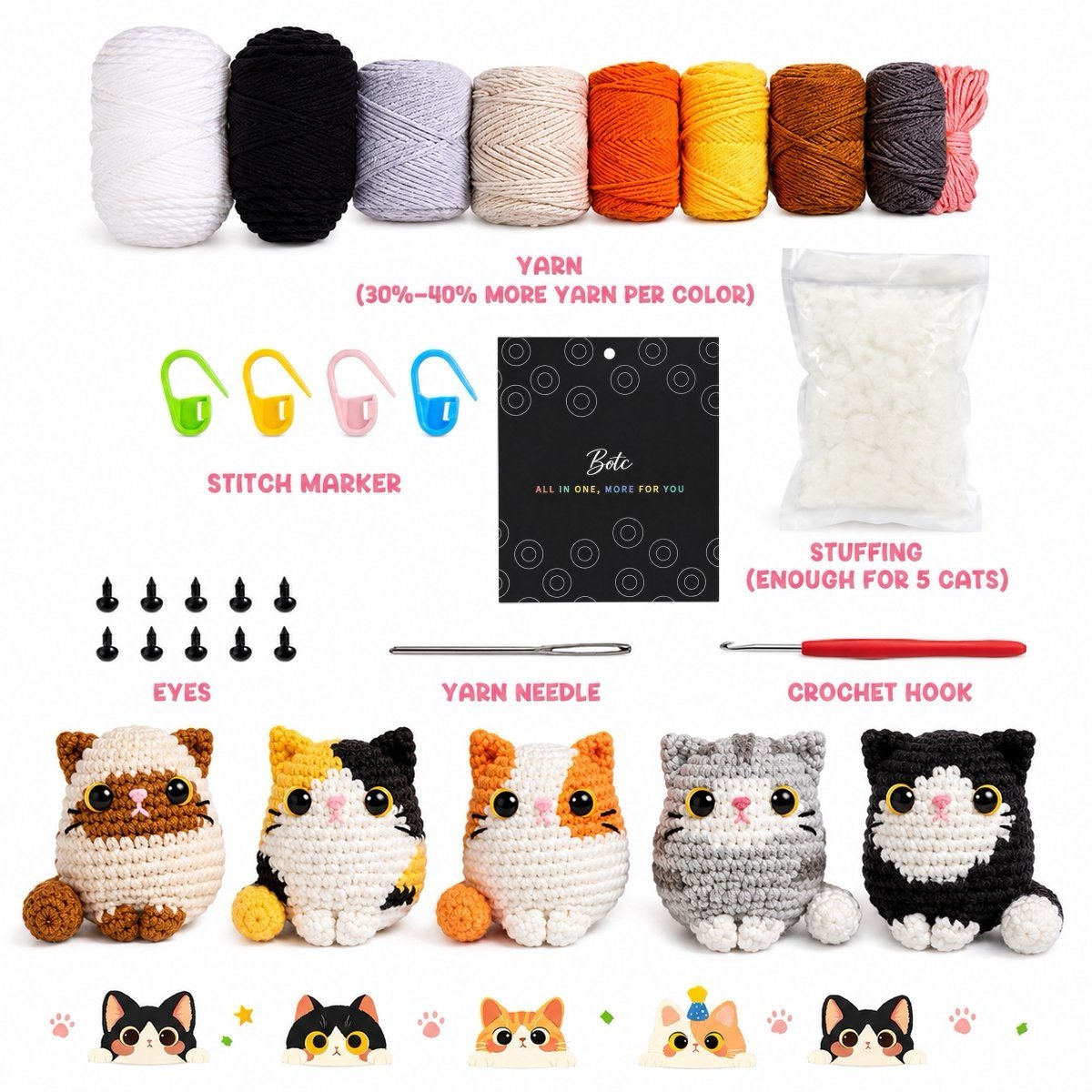 BOTC Haakpakket voor beginners - 6 stuks-Beginners haakset - Amigurumi haakpakketten -5 katten set — afbeelding 6