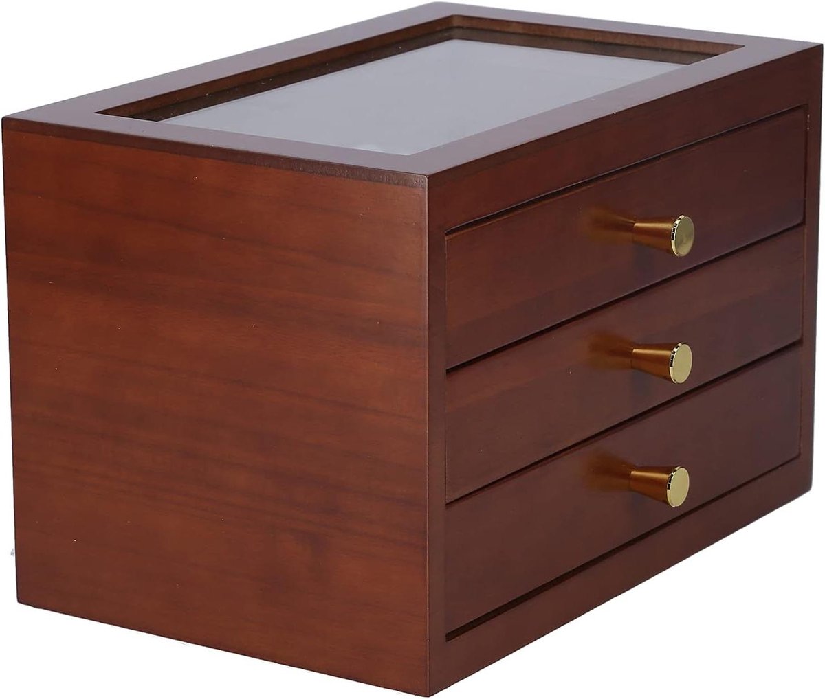 Houten Sieradendoos - Opbergkistje Decoratie - Sieraden Organiseren - Glazen Deksel 3 Laden - 38x28x27cm - Bruin
