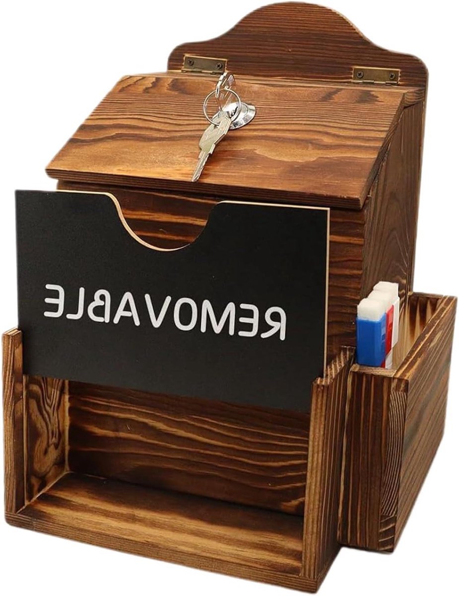 Suggestiedoos Met Gleuf - Berichtenbus Kantoor - Berichten Verzamelen - Afsluitbaar Met Slot - 27x20.5x15cm - Houtkleur