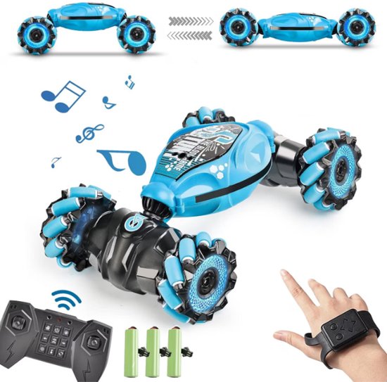 Blauwe RC stunt-auto met lichtgevende mechanum wielen, inclusief afstandsbediening, controller-horloge en batterijen
