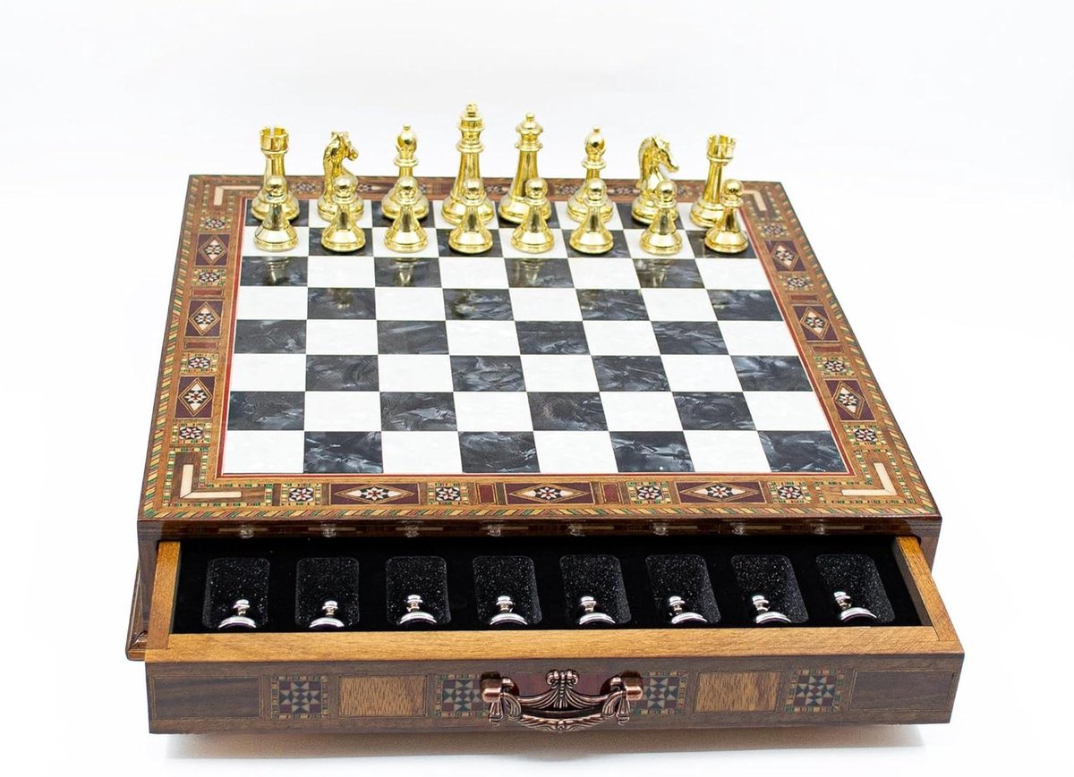 Handgemaakte schaakset - Luxe schaakbord - Strategisch spel - Met opbergruimte - 38 x 38 x 7 cm - Zwart