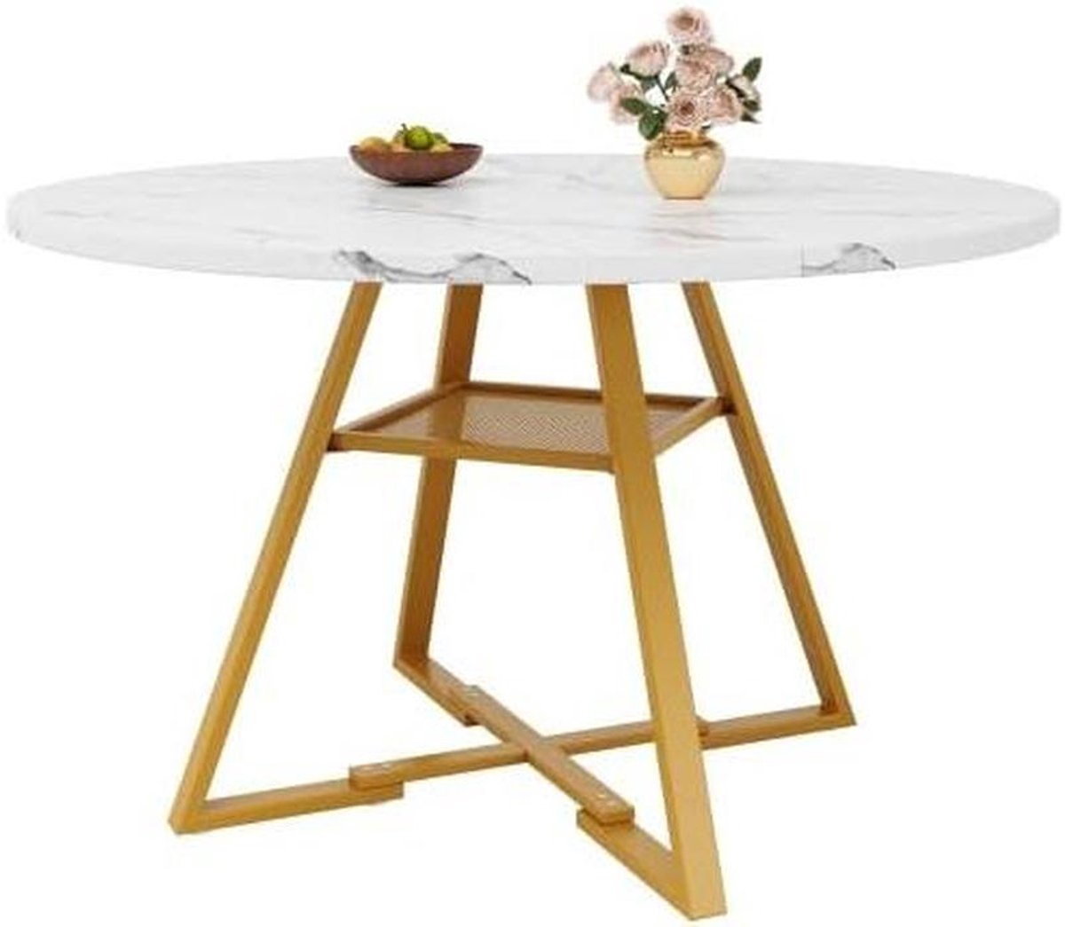 Ronde Eettafel - Keukentafel Marmerlook - Gezellig Eten - Met Metalen Plank - 120 cm Diameter - Wit