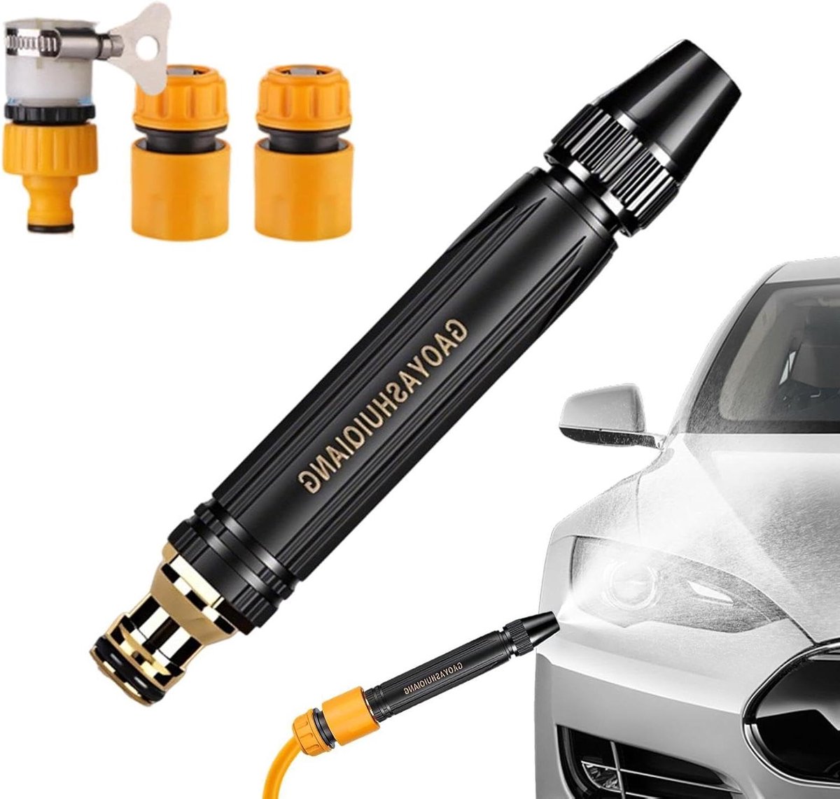 Hogedrukslangmondstuk - Verstelbare sproeier - Auto en tuin - Drie sproeimodellen - 225 cm lengte - Zwart