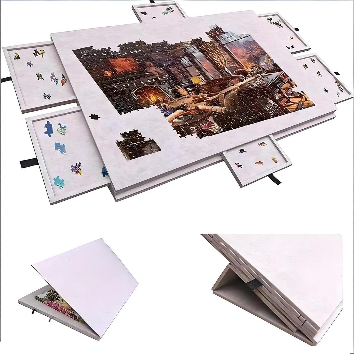 Puzzelbord met Laden - Puzzeltafel - Puzzels Sorteren - Vouwbaar Kantelbaar - 77 x 53 cm - Zilvergrijs