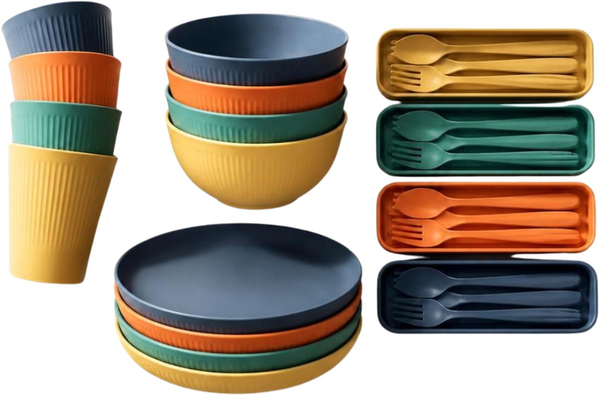 green-goose Bioplastic Servies Camping Servies, 16-delig Kampeerservies, Bioplastic Borden, Bekers, Kommen en Bestek, Vaatwasserbestendig, Milieuvriendelijk