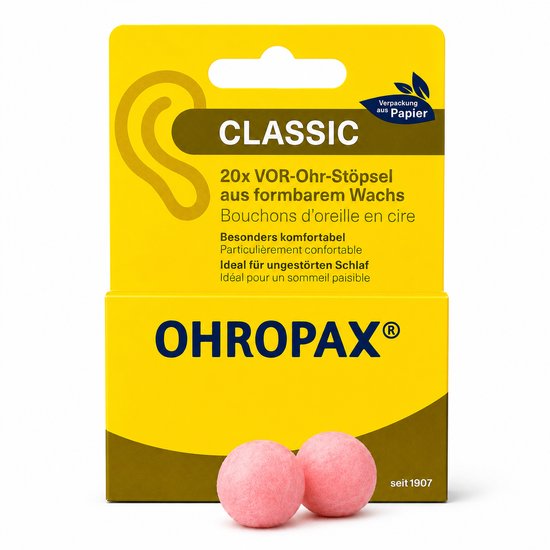 Verpakking met 20 zachte, roze OHRPAX CLASSIC oordopjes van was.