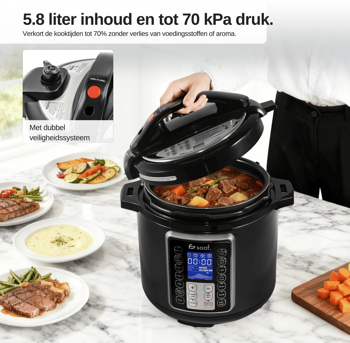 Multicooker - 5.8L - PFAS vrij - Slowcooker met timer - Pressure Cooker - Rijstkoker met stomer - van Saaf – foto 6