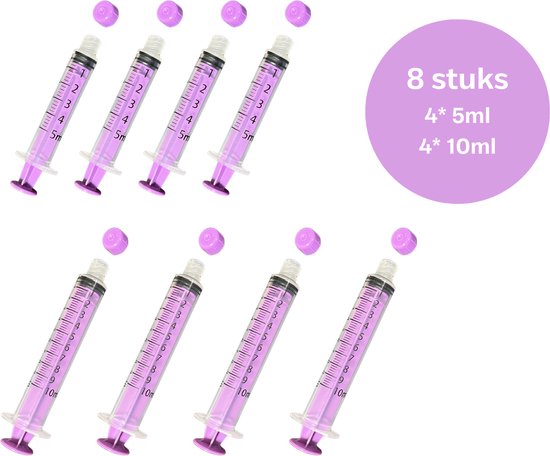 Vier paarse spuiten van 5 ml en vier van 10 ml op een witte achtergrond.