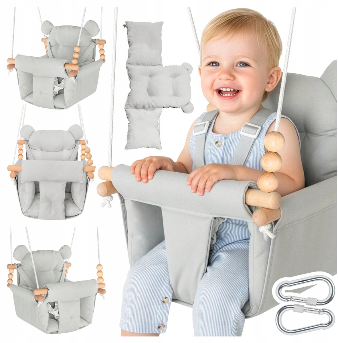 Playos® - Zachte Babyschommel - Grijs - tot 60 kg - met 3-Puntsgordel - van 12 tot 36 maanden - voor Binnen en Buiten - Schommelstoel - Hangstoel - Babykamer - Kinderschommel