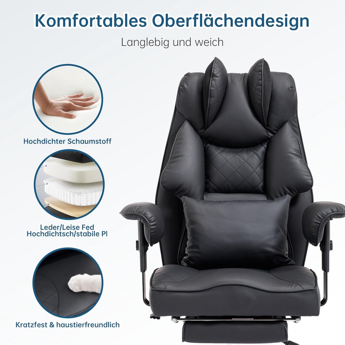 Bureaustoel Ergonomisch XXL 200 kg - House&Garden Elite Comfort Chefsessel met Voetsteun, W-Vorm Memory Foam Zitkussen, PU Leder, Verstelbare Armleuningen, Relax Functie 135°, Kantoorstoel Zwart